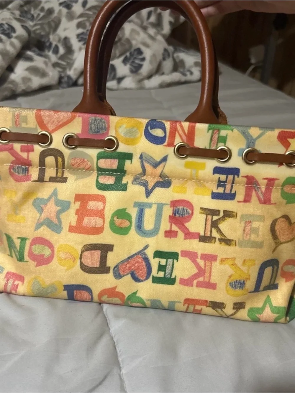 Dooney & Bourke Satchel Bag Multicolor Letters Print Leather Trim Handle